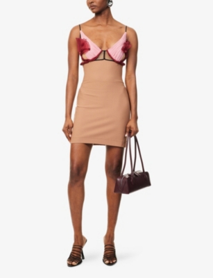 Shop Nensi Dojaka Womens Macchiato / Damask Rose Petal Shoulder-straps Stretch-woven Mini Dress