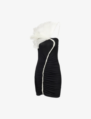 Shop Nensi Dojaka Womens Black / White Flower One-shoulder Stretch-woven Mini Dress