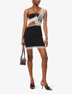 Shop Nensi Dojaka Womens Black / White / Grey Corset Draped Woven Mini Dress