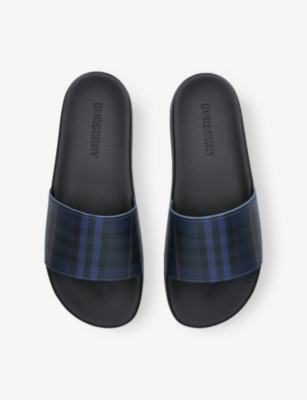 Burberry Mens  Furley Checked Rubber Sliders In Blue/drk.c