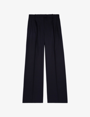 The Kooples Womens Navy Wide-leg High-rise Cotton And Linen Trousers In Navy