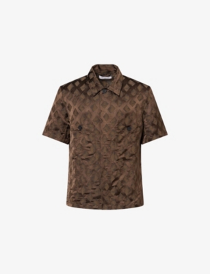 DIOMENE: Geometric-Print Short-Sleeves Linen-Blend Shirt