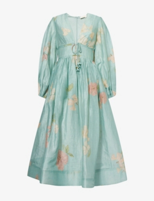 ZIMMERMANN: Illuminate Billow Embroidered Linen-Silk Maxi Dress