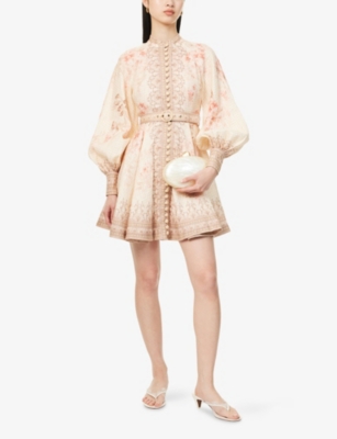 Shop Zimmermann Womens  Illuminate Button-up Linen Mini Dress In Coral Floral
