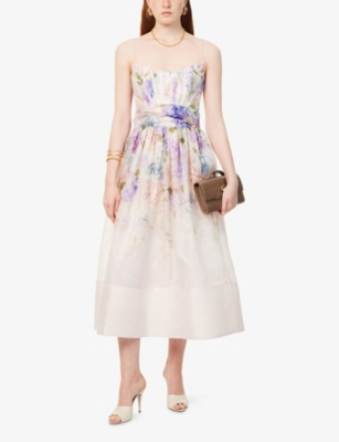 ZIMMERMANN: Dawning Linen and Silk-Blend Corset Midi Dress