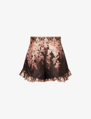 ZIMMERMANN WOMENS ZIMMERMANN ILLUMINATE FLUTTER FLORAL-PRINT SILK AND COTTON-BLEND SHORTS