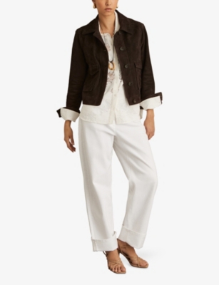 Reiss Womens Chocolate Brown Hanson Suede Trucker Jacket In Chocolate Brown