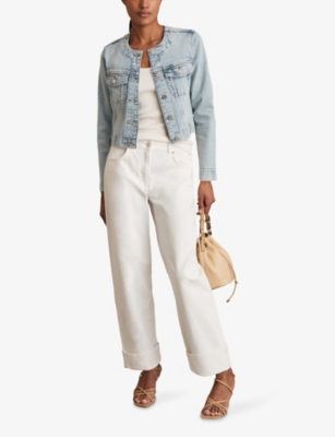 REISS: Medora Collarless Cropped Denim Jacket