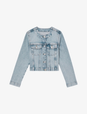 REISS: Medora Collarless Cropped Denim Jacket