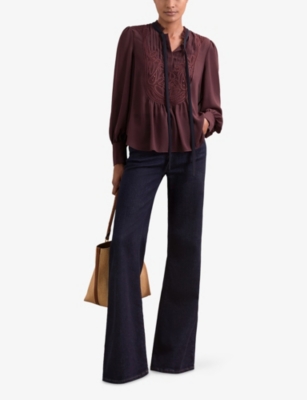 Reiss Womens Burgundy Sara Embroidered Lace Woven Top In Purple