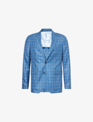 Hackett Mens Tattersall Checked Wool-blend Blazer Pacific Blue