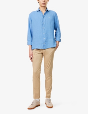 HACKETT MENS KENT COLLAR TAILORED-FIT LINEN SHIRT SEA BLUE 