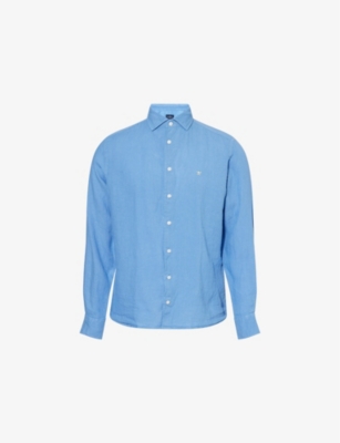 HACKETT MENS KENT COLLAR TAILORED-FIT LINEN SHIRT SEA BLUE 