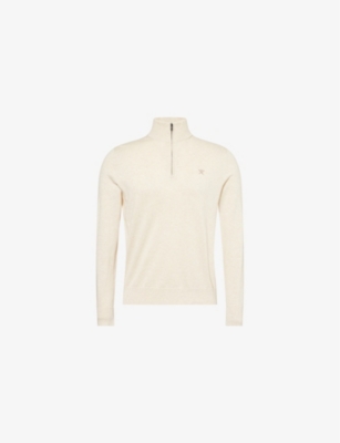 HACKETT MENS OPTIC WHITE QUARTER-ZIP REGULAR-FIT COTTON AND SILK JUMPER 