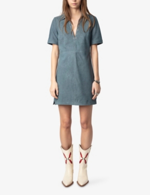 ZADIG&VOLTAIRE: Short-Sleeved V-Neck Suede Mini Dress