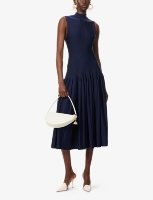 Alaïa Womens Godet Pleated Knitted Maxi Dress Encre In Encre
