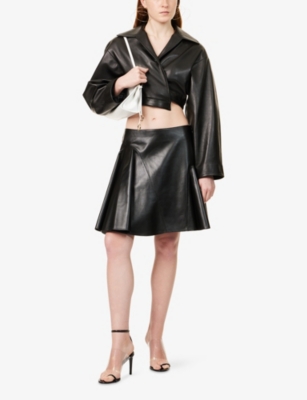 Alaïa Womens Asymmetrical Pleated Leather Mini Skirt Noir Alaia In Noir Alaia