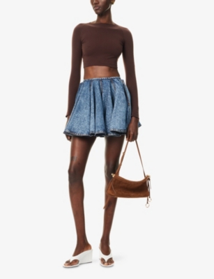 ALAIA: Skater Pleated Denim-Blend Mini Skirt