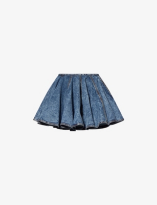 ALAIA: Skater Pleated Denim-Blend Mini Skirt