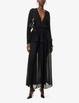 ALAIA: Cinched Plunge-V-Neck Woven Maxi Dress