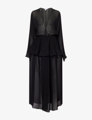 ALAIA: Cinched Plunge-V-Neck Woven Maxi Dress