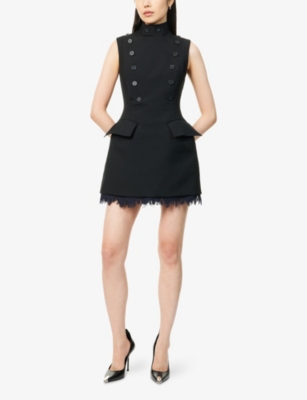 MCQUEEN: Frayed-Hem Sleeveless Wool Mini Dress