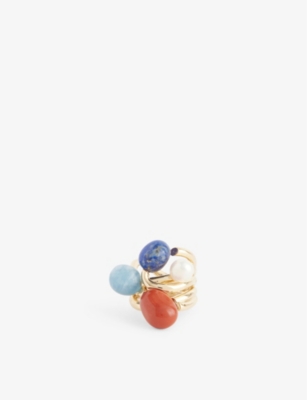 ZIMMERMANN: Mellow 12ct Yellow Gold-Plated Brass and Aquamarine, Jasper, Blue Lapis and Freshwater Pearl Beaded Ring