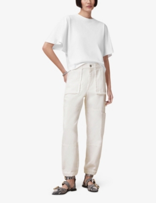 ALLSAINTS WOMENS OFF WHITE MILA FRAY-EMBROIDERED HIGH-RISE COTTON TROUSERS