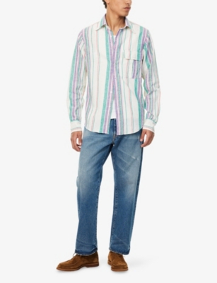 Shop Drake's Mens Purp/wht/grn Stripe-print Long-sleeve Summer Shirt