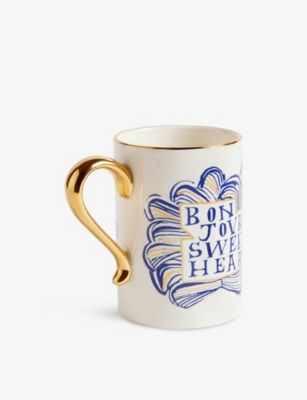L'OBJET WHITE BLUE AND GOLD RUAN HOFFMANN COLLECTION SWEETHEART EARTHENWARE MUG 40CL 