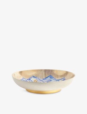 L'objet Ruan Hoffmann Collection Large Earthenware Bowl 45cm White Blue And Gold In White Blue And Gold
