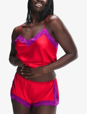 Savage X Fenty Womens  Fire Desire Lace-trim Stretch-satin Shorts In Timeless Red