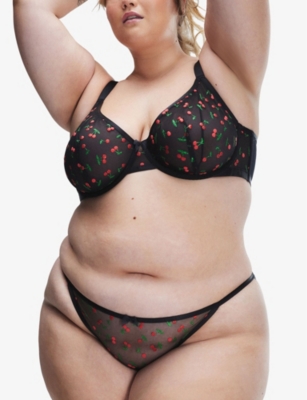 Savage X Fenty Womens  Cherries Underwired Mesh Demi Bra In Black Caviar