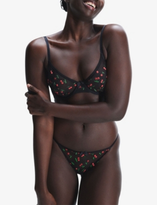 Savage X Fenty Womens  Cherries String-bikini Lace Briefs In Black Caviar