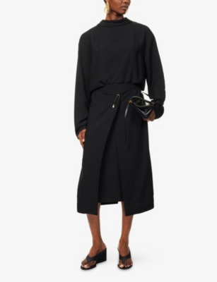 CARVEN WOMENS BLACK CROSS-FRONT WOVEN MIDI SKIRT 