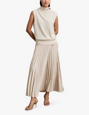 Reiss Womens Champagne Neutral Seren Pleated Woven Midi Skirt In Neutral