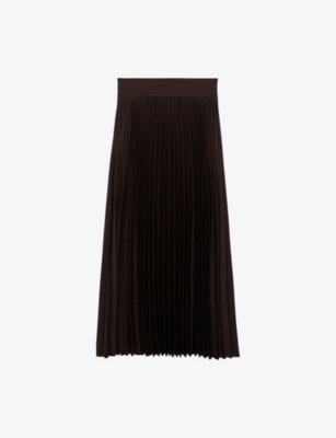 Reiss Womens Chocolate Brown Seren Pleated Woven Midi Skirt