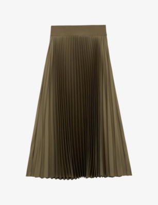 Reiss Womens Khaki Green Seren Pleated Woven Midi Skirt