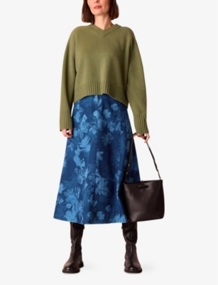 WHISTLES OMENS WHISTLES CHALK-PRINT HIGH-RISE DENIM MIDI SKIRT 