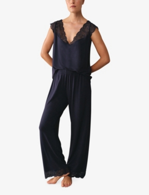The White Company S Navy Lace-trim Sleeveless Stretch-jersey Pyjamas Xl In Blue