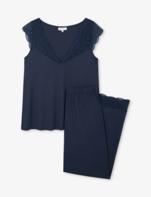 The White Company S Navy Lace-trim Sleeveless Stretch-jersey Pyjamas Xl In Blue