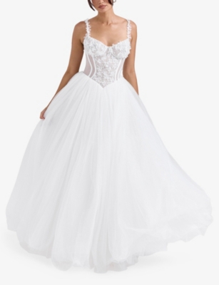 House Of Cb Womens White Floral Nathalie Bodice Lace And Tulle Bridal Gown In White