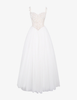 House Of Cb Womens White Floral Nathalie Bodice Lace And Tulle Bridal Gown In White
