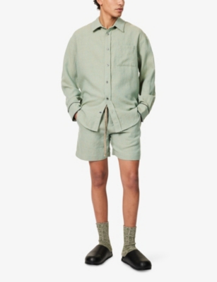 THE ELDER STATESMAN: Chambray Drawstring Patch-Pocket Linen, Silk, Wool and Cashmere Shorts