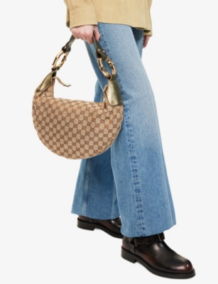 RESELFRIDGES: Pre-Loved Gucci Medium GG Bamboo Ring Canvas Hobo Bag