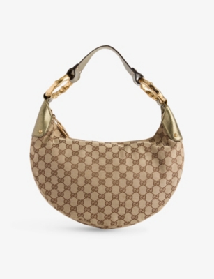 RESELFRIDGES: Pre-Loved Gucci Medium GG Bamboo Ring Canvas Hobo Bag