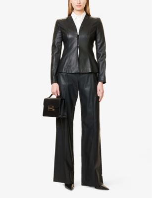 EMPORIO ARMANI: V-neck frilled-trim leather jacket