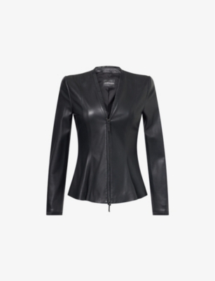 EMPORIO ARMANI: V-neck frilled-trim leather jacket