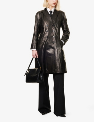 EMPORIO ARMANI: Double-Breasted Peak-Lapel Leather Coat
