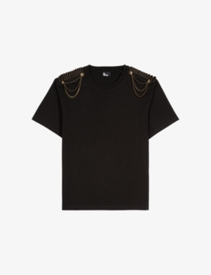 Shop The Kooples Womens Black Washed Epaulette-embellished Relaxed-fit Cotton-jersey T-shirt